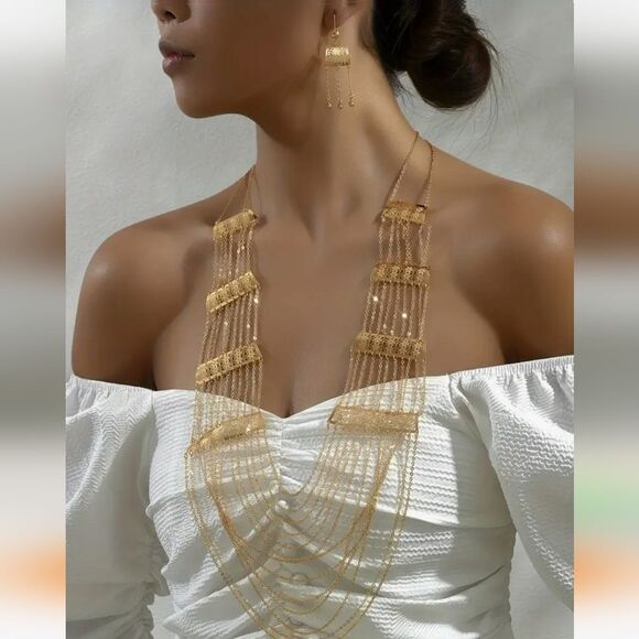 New ANTHRO Set filigree flower casscading chains necklace earrings Set - Picture 1 of 11